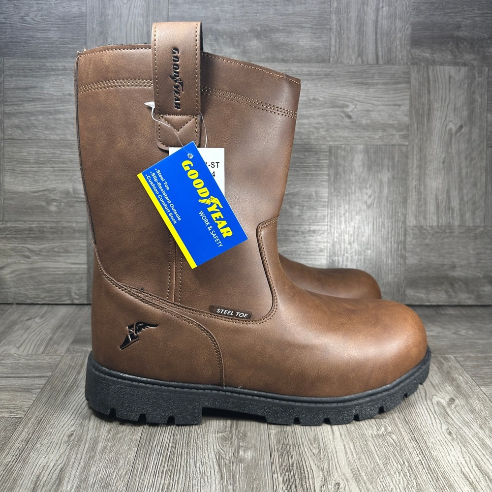 Goodyear Work Boots Mens 9 Steel Toe Brown Slip Resistant Pull On NEW